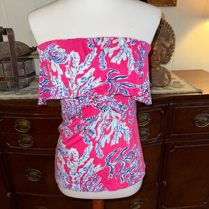 Lilly Pulitzer size small strapless tube top blouse shirt pink blue